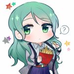 1girl ? aqua_hair bang_dream! belt blue_shirt blue_skirt chibi collared_shirt commentary_request food french_fries green_eyes grey_jacket hayano_hikawa hikawa_sayo holding holding_food jacket long_hair long_sleeves shirt simple_background skirt solo spoken_question_mark star white_background 