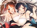 2girls :d ;p apron armpits asymmetrical_docking bangs black_hair black_skirt blue_bow blush bow breast_press breasts brown_eyes brown_hair choker crop_top detached_sleeves eyebrows_visible_through_hair frills highres inumori_shirou large_breasts long_hair looking_at_viewer maid_headdress multiple_girls navel one_eye_closed open_mouth original parted_bangs petticoat reaching_out red_bow ribbon-trimmed_clothes ribbon_trim sidelocks skirt smile take_your_pick tongue tongue_out twintails violet_eyes waist_apron 