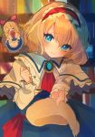  &gt;_&lt; 1girl alice_margatroid apron arm_up blonde_hair blue_dress blue_eyes blurry blurry_background blush bookshelf brooch capelet chikuwa_(tikuwaumai_) clenched_hand commentary_request cravat depth_of_field dress expressionless floating giving hair_ribbon hairband head_tilt highres indoors jewelry light_particles lolita_hairband long_sleeves looking_at_viewer open_mouth outstretched_arm red_neckwear ribbon scarf shanghai_doll sketch solo touhou twilight waist_apron white_capelet 
