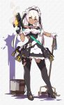  1girl artist_request bucket character_request commentary_request copyright_request gloves gun high_heels highres maid maid_headdress mop solo submachine_gun tan thigh-highs trigger_discipline weapon white_hair yellow_eyes 
