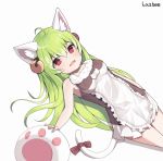  1girl ahoge animal_ears artist_name bell breasts cat_ears cat_girl cat_tail dress eyebrows_visible_through_hair fang green_hair hair_bell hair_between_eyes hair_ornament highres lazbee long_hair looking_at_viewer original red_eyes simple_background slit_pupils smile solo tail white_background 