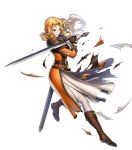  1girl armor bangs belt blonde_hair boots brigid_(fire_emblem) brown_footwear fire_emblem fire_emblem:_thracia_776 gloves highres knee_boots long_sleeves official_art shiny shiny_hair solo sword weapon yellow_eyes 