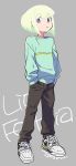  1boy casual closed_mouth denim green_hair hands_in_pockets highres jeans lio_fotia long_sleeves mago male_focus pants promare shoes short_hair sneakers solo standing violet_eyes 