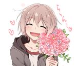  1girl :d ^_^ aoba_moca bang_dream! bouquet closed_eyes facing_viewer flower grey_hair grey_jacket heart holding holding_bouquet hood hood_down hooded_jacket jacket open_mouth pink_flower re_ghotion shirt short_hair simple_background smile solo upper_body white_background white_shirt 