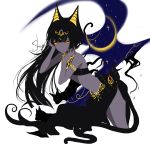  1girl absurdres animal_ears armlet artist_name bandeau black_hair cat_ears commentary_request earrings egyptian egyptian_clothes hand_in_hair hands_up headpiece highres jewelry long_hair original sarong sheya signature simple_background solo thighs white_background yellow_eyes 