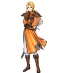  1girl armor bangs belt blonde_hair boots brigid_(fire_emblem) brown_footwear fire_emblem fire_emblem:_thracia_776 gloves highres knee_boots long_sleeves official_art shiny shiny_hair solo sword weapon yellow_eyes 