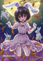  animal_ears barefoot belt belt_buckle black_hair breasts buckle carrot dress inaba_tewi long_skirt moon open_mouth rabbit rabbit_ears red_eyes short_hair short_sleeves skirt smile thighs touhou yamu_(reverse_noise) 