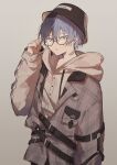  1boy aoyagi_touya arm_at_side bandaid bandaid_on_neck belt_buckle bespectacled blue_eyes blue_hair buckle buttons closed_eyes commentary_request cowboy_shot dark_blue_hair dizzy_trap_(project_sekai) drawstring glasses hat highres hood hood_down hooded_jacket jacket jishio long_sleeves looking_at_viewer male_focus mole mole_under_eye multicolored_hair project_sekai round_eyewear simple_background solo split-color_hair two-tone_hair 