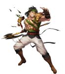  1boy abs axe bandages belt black_hair boots dai-xt fingerless_gloves fire_emblem fire_emblem:_thracia_776 fire_emblem_heroes full_body gloves headband highres injury long_hair male_focus muscle official_art one_eye_closed orsin_(fire_emblem) shirtless solo teeth torn_clothes 