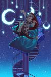  1girl absurdres bed blue_hair doremy_sweet dress hat highres moon night night_sky nightcap open_mouth pink_eyes pom_pom_(clothes) reki_(user_rcrd4534) short_hair sky smile stairs star touhou 