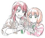  &gt;:) 2girls bandaged_hand bang_dream! bangs blazer blue_eyes blush collared_shirt green_eyes green_neckwear grey_jacket grin jacket long_hair long_sleeves low_twintails multiple_girls necktie outstretched_hand pale_color partially_colored pink_cardigan re_ghotion redhead shirt short_twintails simple_background sketch sleeves_pushed_up smile twintails udagawa_tomoe uehara_himari upper_body v-shaped_eyebrows white_background 