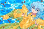  1boy androgynous anon_(artist) armor blue_eyes blue_hair floating floating_hair lipstick long_hair looking_at_viewer male mole mole_under_eye pisces_aphrodite rose_petals saint_seiya water 