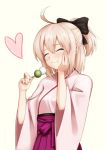  1girl ahoge black_ribbon blush chewing closed_eyes commentary_request dango eating fate/grand_order fate_(series) food hair_ribbon hakama half_updo heart japanese_clothes kimono koha-ace okita_souji_(fate) okita_souji_(fate)_(all) pink_kimono platinum_blonde_hair ribbon ruka_(piyopiyopu) short_hair simple_background skewer smile solo upper_body wagashi wide_sleeves 