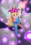  1girl :d absurdres american_flag_legwear american_flag_shirt arm_behind_back arms_up black_background blonde_hair clownpiece commentary_request danmaku eyebrows_visible_through_hair fairy_wings floating foreshortening hat highres holding_torch jester_cap kanonari light_particles long_hair looking_at_viewer moon open_mouth outstretched_arms partial_commentary polka_dot_hat purple_headwear red_eyes smile solo spread_arms torch touhou very_long_hair wings 