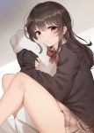  1girl absurdres black_sweater bow bowtie brown_eyes brown_hair brown_skirt closed_mouth highres knees_up long_hair long_sleeves looking_at_viewer miniskirt original pillow pillow_hug pleated_skirt school_uniform sidelocks sitting skirt solo sunhyun sweater thighs undershirt 