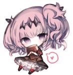  1girl bangs black_dress black_footwear blush book chibi commentary_request cottontailtokki covered_mouth dress fran_(shadowverse) full_body headpiece heart kneehighs looking_at_viewer object_hug pink_hair puffy_short_sleeves puffy_sleeves red_legwear shadowverse shingeki_no_bahamut short_sleeves simple_background solo spoken_heart two_side_up violet_eyes white_background 