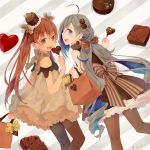  2girls ahoge alternate_costume bag black_dress brown_eyes brown_hair brown_legwear candy chocolate colis dress fang feet_out_of_frame food frilled_dress frills from_behind grey_eyes grey_hair hair_between_eyes hair_bun hair_ornament hair_ribbon hat heart kantai_collection kiyoshimo_(kantai_collection) libeccio_(kantai_collection) lollipop long_hair looking_at_viewer looking_back low_twintails mini_hat multiple_girls open_mouth pantyhose petticoat polka_dot polka_dot_dress ribbon smile striped striped_background tan twintails 