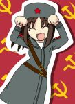  1girl animated animated_gif artist_request caramelldansen character_request closed_eyes communism hammer_and_sickle military military_uniform papakha red_background red_star source_request trench_coat uniform 