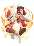  1girl brown_eyes brown_hair cinderace commentary_request fire fireball gen_8_pokemon highres jacket kicking long_sleeves meron_fly pink_skirt pokemon pokemon_(creature) pokemon_(game) pokemon_swsh short_hair skirt yuuri_(pokemon) 