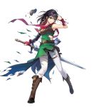  1girl armor bangs belt belt_pouch black_hair boots breastplate brown_footwear dress earrings fingerless_gloves fire_emblem fire_emblem:_thracia_776 fire_emblem_heroes full_body gloves green_dress highres jewelry mareeta_(fire_emblem) official_art pants pouch red_scarf scarf shiny shiny_hair shoulder_armor sleeveless solo standing sword thigh_strap transparent_background weapon white_pants 