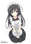  1girl ahoge alternate_costume apron ascot bangs black_dress black_eyes black_hair closed_mouth commentary dress enmaided eyebrows_visible_through_hair flipper frilled_apron frilled_cuffs frills girls_und_panzer isuzu_hana long_hair looking_at_viewer maid maid_apron maid_headdress no_legs puffy_sleeves short_dress simple_background solo standing v_arms white_background white_neckwear wrist_cuffs 