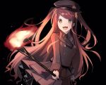  1girl :d akabane_youko arisuke_(natuyan) black_background black_headwear black_neckwear black_shirt black_skirt commentary_request fire frilled_cuffs frilled_sleeves frills green_eyes hat highres long_hair long_sleeves looking_at_viewer nijisanji open_mouth pleated_skirt redhead shirt skirt sleeve_cuffs smile solo two_side_up virtual_youtuber wing_collar 