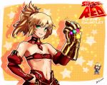  absurdres artoria_pendragon_(all) bangs bare_shoulders blonde_hair braid breasts character_name chibi demonx20 fate/apocrypha fate/grand_order fate_(series) green_eyes hair_ornament highres infinity_gauntlet infinity_gems long_hair looking_at_viewer mordred_(fate) mordred_(fate)_(all) navel parody ponytail red_scrunchie scrunchie smile snapping_fingers star thanos 