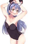  1girl absurdres animal_ears armpits arms_up bangs blue_hair blush bunny_girl bunny_tail bunnysuit commentary_request cowboy_shot fake_animal_ears hair_between_eyes highres long_hair looking_at_viewer love_live! love_live!_school_idol_project nagisa_iori open_mouth rabbit_ears simple_background smile solo sonoda_umi standing tail white_background wrist_cuffs 