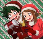  1boy 1girl :d all_might bell belt blonde_hair blush bob_cut boku_no_hero_academia brown_eyes brown_hair christmas_ornaments commentary dutch_angle food freckles furrowed_eyebrows gloves green_background green_eyes green_hair hat hat_bell iwashi_(msr_rgb) jingle_bell kirimochi_(food) midoriya_izuku mochi open_mouth red_gloves red_stripes santa_costume santa_hat short_hair side-by-side sidelocks smile snowflakes striped striped_background sweatdrop uraraka_ochako 