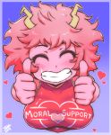  1girl ashido_mina boku_no_hero_academia breasts closed_eyes clothes_writing double_thumbs_up grin heart highres horns large_breasts pink_hair pink_skin randomboobguy shiny shiny_hair short_hair simple_background smile solo sparkle thumbs_up 