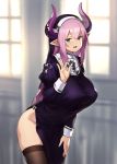  1girl :d bare_hips black_legwear blurry blurry_background blush breasts depth_of_field dress groin habit heart heart-shaped_pupils highres horns houtengeki indoors juliet_sleeves large_breasts leaning_forward long_sleeves looking_at_viewer nun open_mouth original pelvic_curtain pointy_ears puffy_long_sleeves puffy_sleeves purple_dress side_slit sidelocks skindentation smile solo symbol-shaped_pupils thigh-highs thighs window 