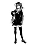  1girl closed_mouth contrapposto fate/type_redline fate_(series) fujimiya_tsukumo full_body greyscale hand_on_hip highres hirano_ryouji looking_at_viewer mary_janes monochrome neckerchief official_art one_side_up pleated_skirt school_uniform serafuku shoes skirt smile sock_garters solo thigh-highs 