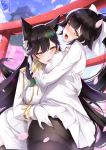  2girls aiguillette animal_ears artist_name ass ass_grab atago_(azur_lane) azur_lane bangs black_hair black_legwear blush bow breasts brown_eyes english_commentary epaulettes extra_ears eyebrows_visible_through_hair from_behind gainoob gloves hair_bow hair_flaps hair_ribbon large_breasts long_hair looking_at_viewer looking_back military military_uniform miniskirt mole mole_under_eye multiple_girls open_mouth outdoors pantyhose pleated_skirt ponytail ribbon signature skirt sky smile standing swept_bangs takao_(azur_lane) torii uniform very_long_hair white_bow white_gloves white_ribbon 