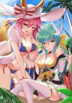  2girls animal_ear_fluff animal_ears aqua_hair bikini blue_bikini blue_sky blush bow bow_bikini breasts closed_mouth clouds cocoablue23 collarbone commentary commentary_request dragon_girl dragon_horns ears_through_headwear eyebrows_visible_through_hair fang fate/grand_order fate_(series) finger_to_mouth fox_ears fox_girl fox_tail frilled_bikini frills groin hair_ribbon hand_on_own_chest hat highres horns innertube kiyohime_(fate/grand_order) kiyohime_(swimsuit_lancer)_(fate) large_breasts long_ponytail looking_at_viewer multiple_girls multiple_horns naginata navel open_mouth outdoors palm_leaf palm_tree pink_hair polearm ribbon side-tie_bikini skin_fang sky sun_hat swimsuit tail tamamo_(fate)_(all) tamamo_no_mae_(swimsuit_lancer)_(fate) tree weapon white_legwear yellow_bikini yellow_bikini_top yellow_bow yellow_eyes yellow_ribbon 
