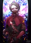  1boy aesop_carl artist_name belt black_gloves brown_eyes brown_hair chachong_sama fingerless_gloves gloves highres identity_v indoors looking_at_viewer male_focus paintbrush red_nails solo stained_glass standing surgical_mask 