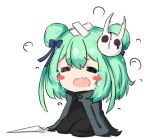  1girl =_= bailingxiao_jiu bangs black_bodysuit black_cloak blue_bow blue_flower blush_stickers bodysuit bow cloak closed_eyes crossed_bandaids crying double_bun eyebrows_visible_through_hair fang flower full_body green_hair hair_between_eyes hair_bow hair_flower hair_ornament hololive long_hair lowres open_mouth seiza simple_background sitting solo tears uruha_rushia virtual_youtuber weapon white_background 