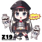  1girl asymmetrical_legwear azur_lane bangs black_hair black_jacket black_legwear black_skirt blunt_bangs blush chibi commentary_request eyebrows_visible_through_hair full_body garter_straps german_text grey_eyes hat hime_cut jacket legs_apart long_hair looking_at_viewer midriff military_hat miniskirt navel neck_ribbon open_clothes open_jacket open_mouth peaked_cap pleated_skirt red_ribbon ribbon simple_background skirt solo straight_hair thigh-highs upper_teeth v-necker very_long_hair white_background z19_hermann_kunne_(azur_lane) 