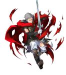  1boy belt boots cape fire_emblem fire_emblem:_thracia_776 fire_emblem_heroes full_body gloves grey_hair highres kempf_(fire_emblem) male_focus mekameka_shii official_art solo sword teeth torn_clothes transparent_background weapon 