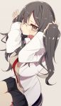  1girl bangs black_hair black_skirt blush brown-framed_eyewear brown_eyes bunching_hair closed_mouth commentary_request eyebrows_visible_through_hair futaba_rio grey_background highres labcoat looking_at_viewer open_clothes over-rim_eyewear pleated_skirt seishun_buta_yarou semi-rimless_eyewear shirousa simple_background sitting skirt solo stool sweat sweater_vest twintails 