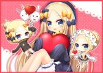  3girls :d abigail_williams_(fate/grand_order) balloon bangs black_bow black_dress black_headwear black_jacket blonde_hair bloomers blue_eyes blush border bow braid butterfly_hair_ornament chibi closed_mouth commentary_request dress eyebrows_visible_through_hair fate/grand_order fate_(series) forehead fou_(fate/grand_order) hair_bow hair_bun hair_ornament hat heart heroic_spirit_festival_outfit heroic_spirit_traveling_outfit holding holding_balloon holding_tray jacket knees_up long_hair long_sleeves medjed multiple_girls open_mouth orange_bow parted_bangs polka_dot polka_dot_bow red_border red_footwear shirt sitting sleeveless sleeveless_dress sleeves_past_fingers sleeves_past_wrists smile tray underwear upper_teeth very_long_hair white_bloomers white_shirt yukiyuki_441 