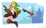  1girl arrow bike_shorts black_shorts blue_eyes boots bow_(weapon) braid brown_footwear brown_gloves clouds compass crossbow dual_wielding english_commentary gloves highres holding hood hood_up linkle medium_hair mouth_hold pixelpulp red_skirt shorts skirt the_legend_of_zelda twin_braids weapon zelda_musou 