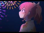  1girl bang_dream! blue_eyes blush brown_hair festival fireworks floral_print from_side gyaheung hair_ribbon japanese_clothes kimono letterboxed night outdoors ponytail ribbon sidelocks sky smile solo star_(sky) starry_sky twitter_username upper_body yamabuki_saaya yellow_kimono 