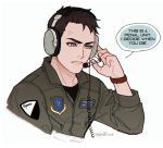  1boy ace_combat ace_combat_7 anger_vein annoyed artist_name awacs bandog black_shirt blue_eyes brown_hair coiled_cord collarbone english_text eyebrows hand_on_headphones headphones headset looking_to_the_side male_focus microphone open_mouth patch pilot_suit shirt short_hair skyleranderton solo speech_bubble talking unit_patch upper_body white_background 