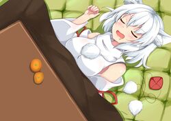  1girl animal_ear_fluff animal_ears arm_up breasts commentary_request curled_fingers detached_sleeves drooling eyebrows_visible_through_hair food from_above fruit hair_between_eyes hat hat_removed headwear_removed high_collar inubashiri_momiji kotatsu mandarin_orange medium_breasts on_floor open_mouth pom_pom_(clothes) rururiaru short_hair sleeping solo table tokin_hat touhou under_kotatsu under_table white_hair wolf_ears 