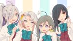  4girls ahoge akishimo_(kantai_collection) aqua_neckwear asashimo_(kantai_collection) asymmetrical_bangs asymmetrical_hair autumn_leaves bangs black_hair blush bow bowtie brown_hair bug butterfly colis grey_hair hair_between_eyes hair_ornament hair_over_one_eye hair_ribbon hayashimo_(kantai_collection) insect kantai_collection kiyoshimo_(kantai_collection) leaf leaf_hair_ornament long_hair multiple_girls open_mouth ponytail ribbon sharp_teeth shirt silver_hair striped striped_background teeth twitter_username upper_body white_hair white_shirt 