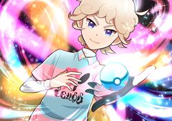  1boy ahoge beet_(pokemon) biseibutu blonde_hair curly_hair gym_challenge_uniform gym_leader outstretched_arm poke_ball pokemon pokemon_(game) pokemon_swsh short_hair smile solo turtleneck violet_eyes 