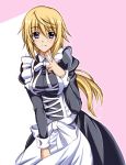  1girl alternate_costume apron black_dress blonde_hair blue_eyes charlotte_dunois closed_mouth dress enmaided floating_hair graphite_(medium) infinite_stratos kagura_yuuto long_dress long_hair long_sleeves looking_at_viewer maid ponytail smile solo standing traditional_media v very_long_hair waist_apron white_apron white_neckwear 