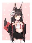  1girl ;) absurdres animal_ear_fluff animal_ears azur_lane bangs bare_shoulders belt belt_buckle black_belt black_hair black_skirt black_sleeves blush bow breasts buckle closed_mouth collarbone collared_shirt crop_top detached_sleeves eyebrows_visible_through_hair floral_background flower fox_ears fox_girl fox_mask fox_tail headset heart heart_hands highres long_hair long_sleeves mask mask_on_head midriff nagato-chan nagato_(azur_lane) navel necktie one_eye_closed pink_background pink_flower pleated_skirt red_bow red_neckwear ribbon-trimmed_sleeves ribbon_trim shirt skirt sleeveless sleeveless_shirt small_breasts smile solo sunglasses tail tail_bow tail_raised thigh-highs two-tone_background very_long_hair white_background white_legwear white_shirt wide_sleeves yellow_eyes 