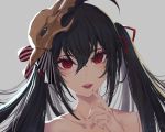  1girl ahoge azur_lane bangs bare_shoulders black_hair blush collarbone eyebrows_visible_through_hair eyelashes finger_to_mouth grey_background hair_between_eyes hair_ribbon long_hair looking_at_viewer mask mask_on_head minyom open_mouth red_eyes red_ribbon ribbon sidelocks simple_background slit_pupils smile solo striped striped_ribbon taihou_(azur_lane) tied_hair twintails 