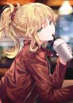  1girl blonde_hair blurry blurry_background bokeh bow braid casual cup depth_of_field disposable_cup drinking_straw fate/grand_order fate_(series) frostscent green_eyes hair_bow head_tilt holding holding_cup jacket long_hair long_sleeves looking_at_viewer looking_to_the_side mordred_(fate) mordred_(fate)_(all) ponytail red_jacket sidelocks solo upper_body 
